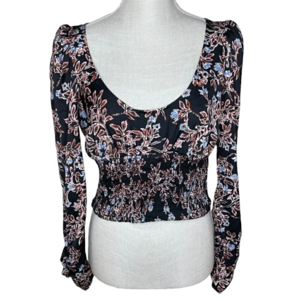 FREE PEOPLE Santiago Black Floral Smocked Cropped Blouse - Size Small